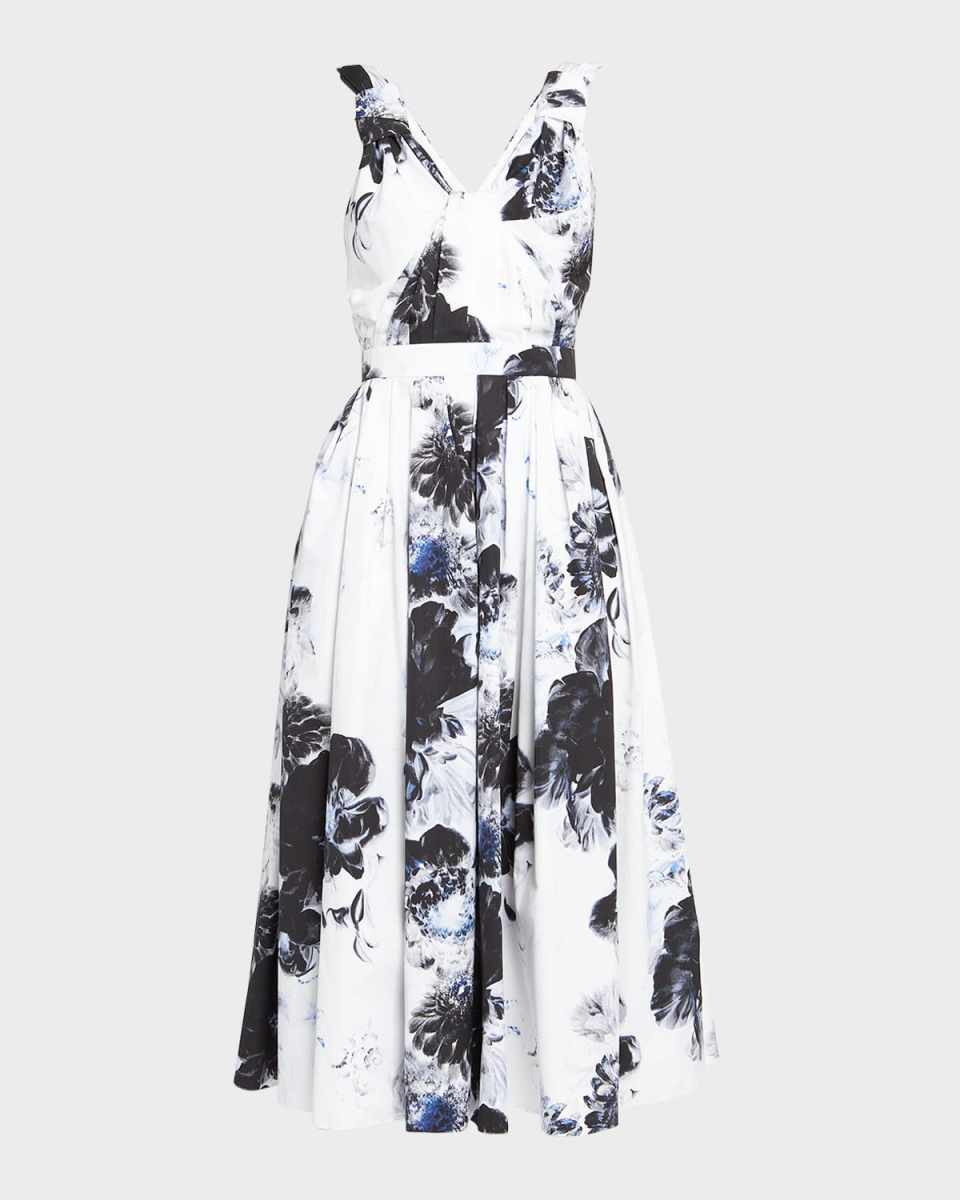 Floral-Print Pleated Sleeveless Midi Day Dress